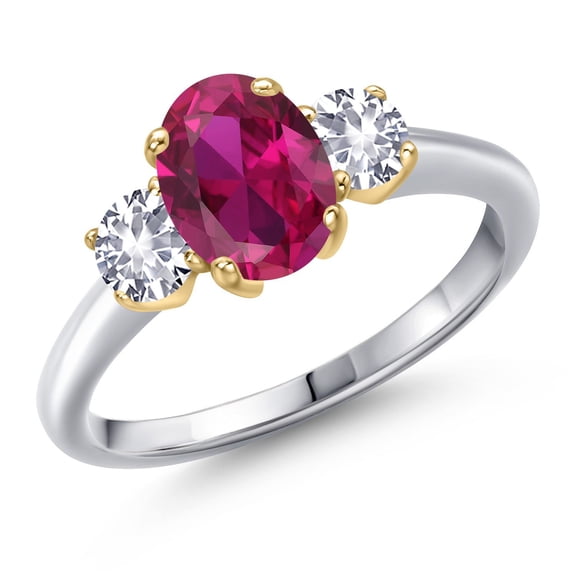 Gem Stone King 925 Silver and 10K Yellow Gold Red Created Ruby and White Created Sapphire Engagement Ring for Women | 1.85 Cttw | Oval 8X6MM | Gemstone July Birthstone | Size 5