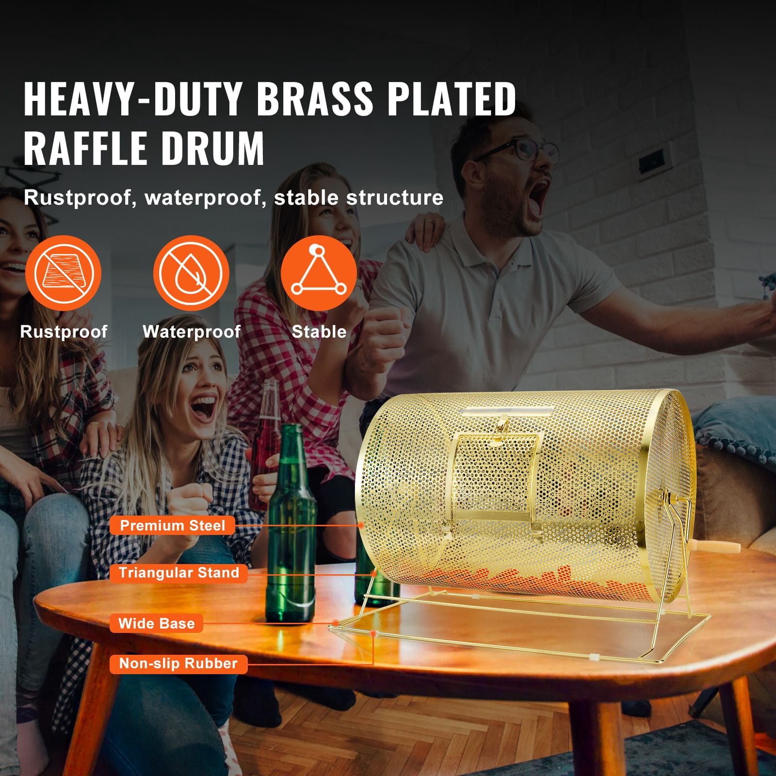 Raffle Drum, Holds 10000 Tickets or 300 Ping Pong Balls, Metal Lottery Spinning Drawing with Wooden Turning Handle, 14.8 x Ø21.26 inch Brass Plated Raffle Ticket Spinning Cage, for Bingo Ballot