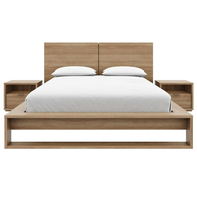 Audrey 4 piece bedroom set featuring a light wood slatted bedframe with headboard and two matching nightstands.
