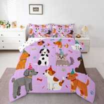 Homewish Cartoon Dogs 3 Pieces Queen Comforter Set for Preppy Children Kids,Happy Birthday Ultra Soft Bedding Sets,Kawaii Animal Pet Bedding Comforter Set,Microfiber Bedroom Decor,Reversible