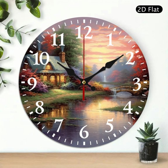 PRATYUS 10 Inch Wooden Wall Clock Sunset Flowers Print Silent Decor 10x10in
