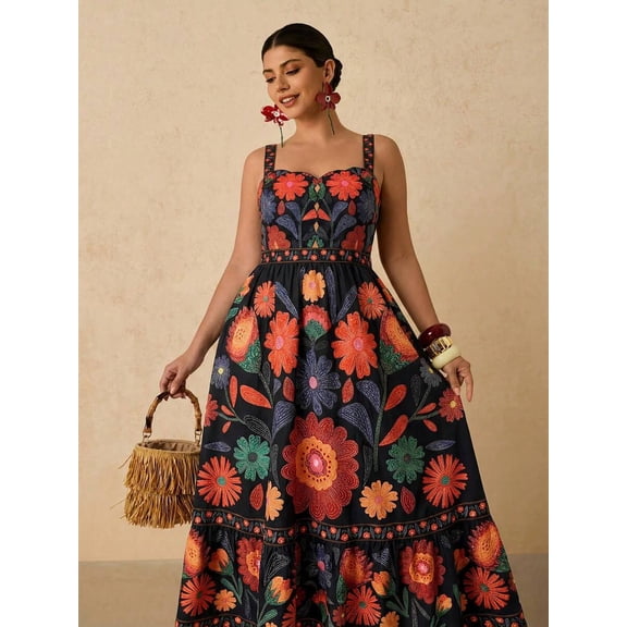 Black Womens Floral Embroidered Maxi Dress With Spaghetti Straps And Sweetheart Neckline