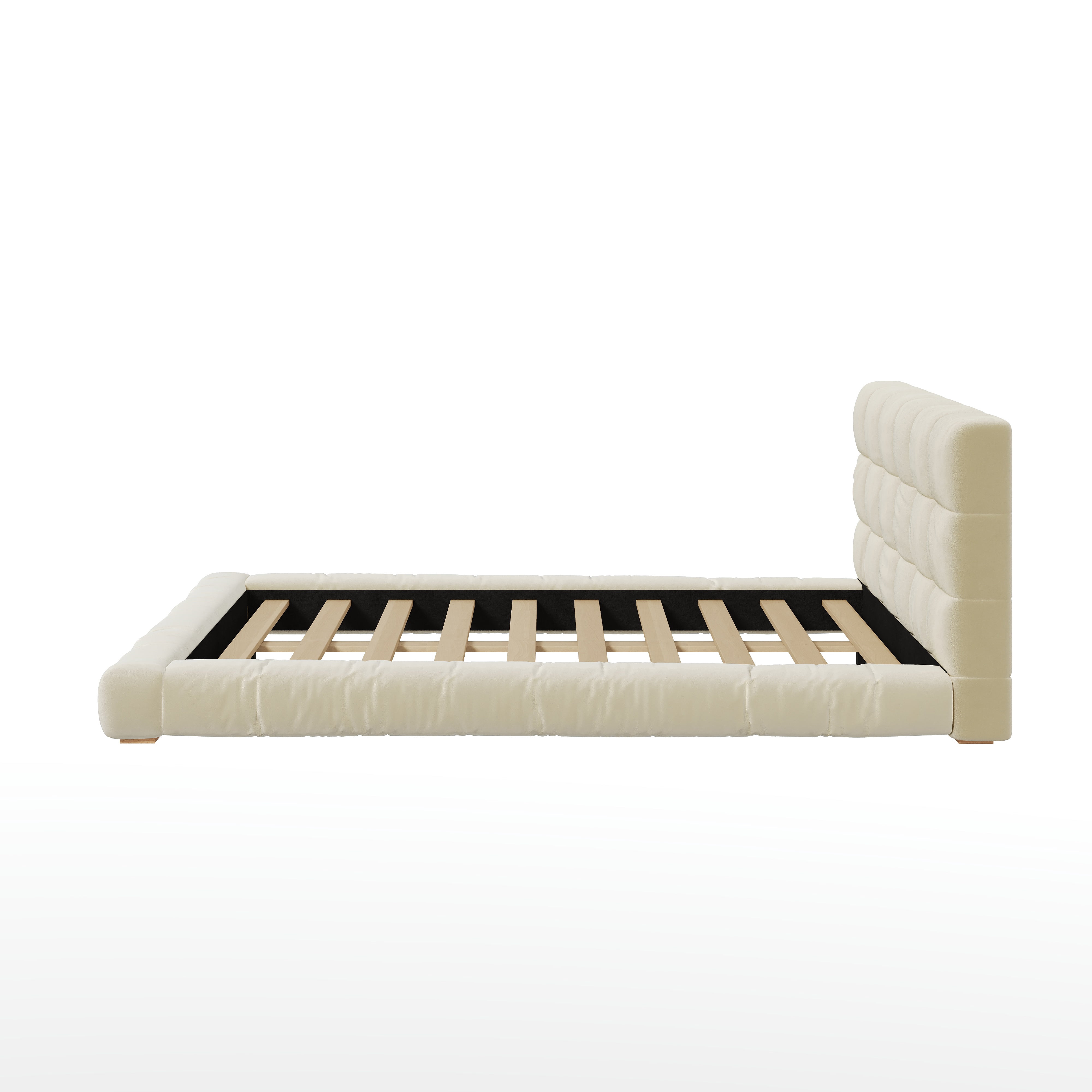 Euroco Velvet Upholstery Queen Size Platform Bed with Channel Tufted Headboard, Beige
