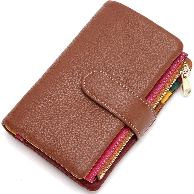 Small Bifold Real Leather Wallet Women Designer Minimalist RFID Blocking Wallet with Removable Card Holder & Coins Pocket (Brown)