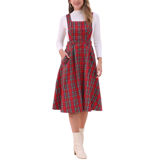 Vestido de tirantes a cuadros INSPIRE CHIC para mujer, vestido vintage de corte A, talla XS, rojo y verde