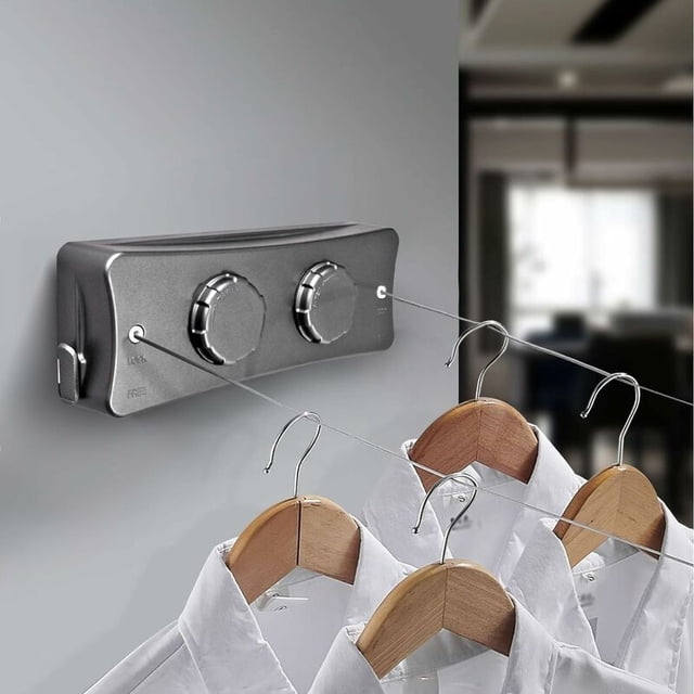 Retractable Clothesline with 2 x 5M Stainless Steel Line, Adjustable for Indoor and Outdoor Use