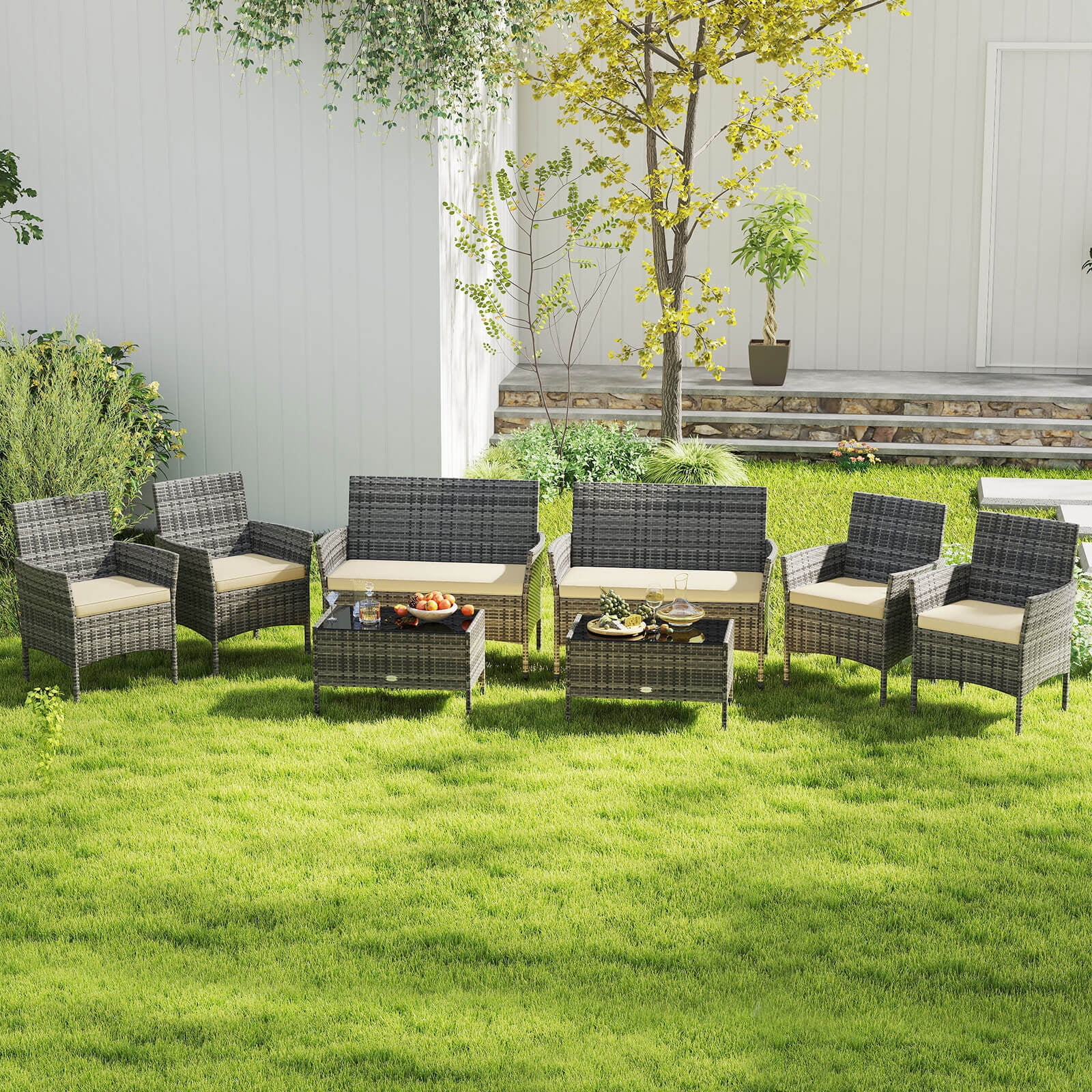 Costway 8 PCS Patio Furniture Set with Washable Cushions and Tempered Glass Coffee Table