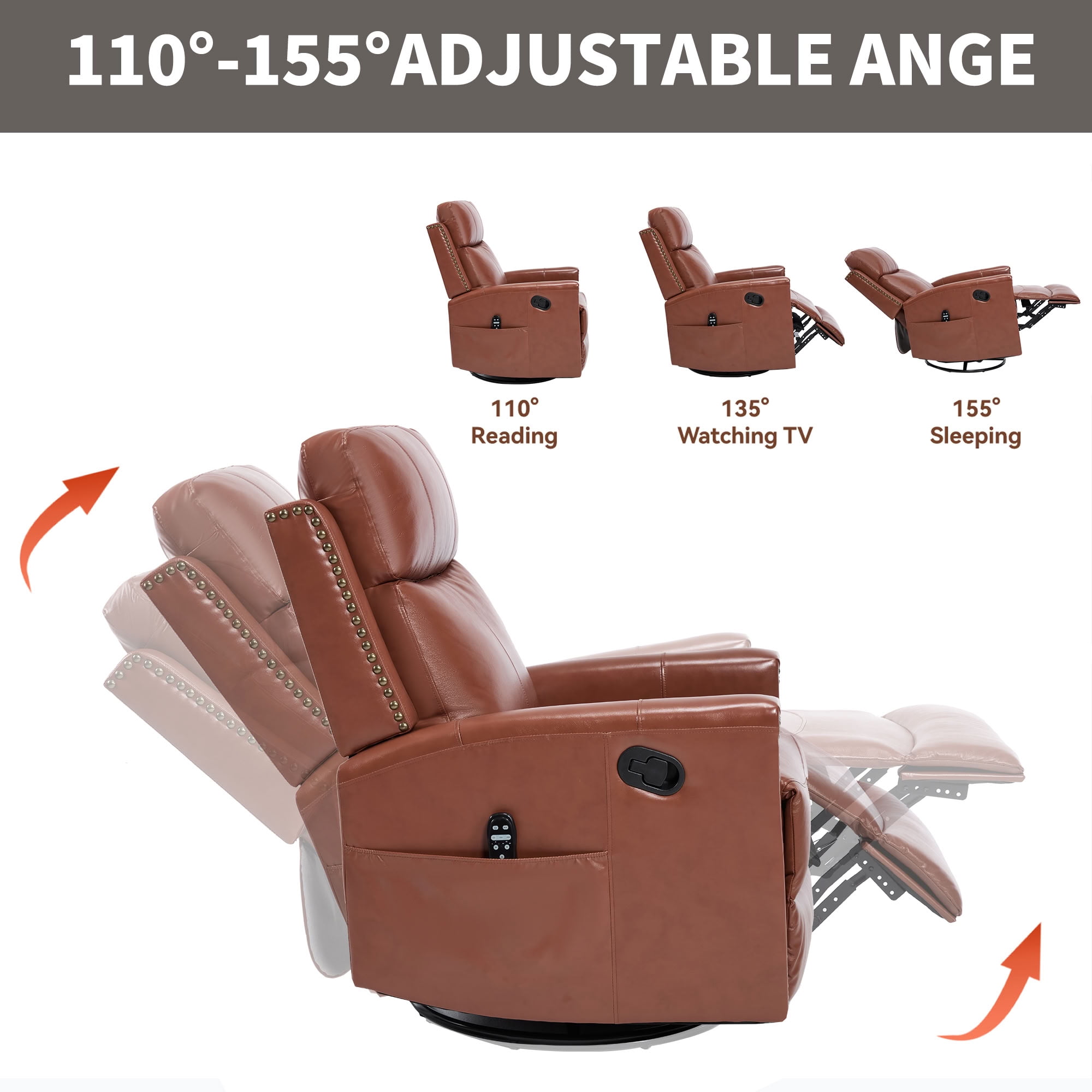 MAYEERTY Genuine Leather Swivel Recliner Chair, Manual Rocker Lounge Chair with 8-Point Massage & Lumbar Heat, for Living Room Home Theater
