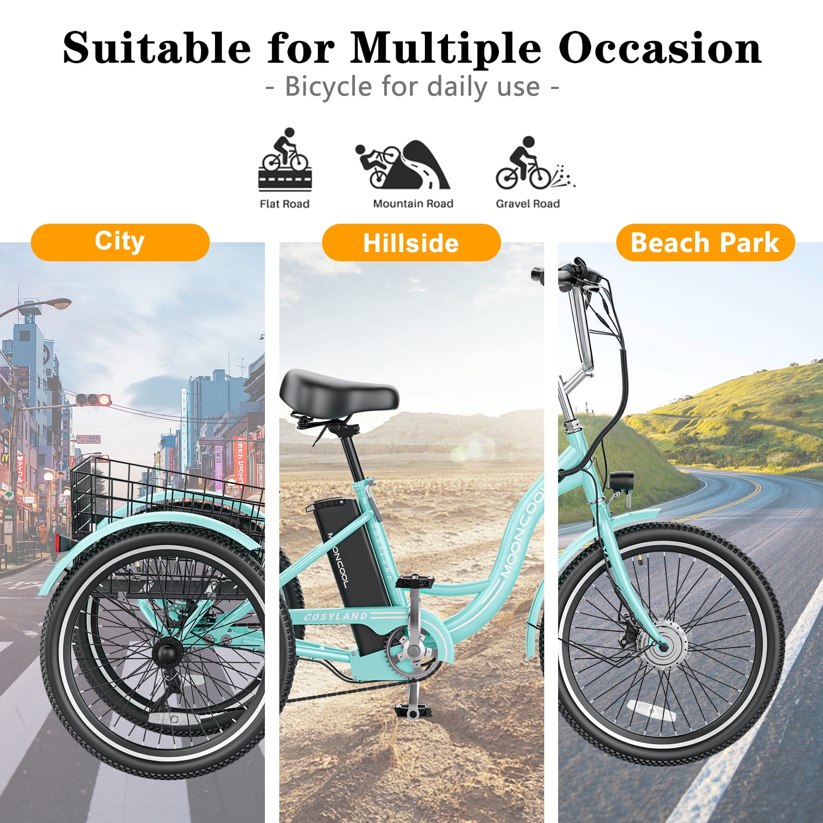 MOONCOOL 24"/26" 350W Motorized Electric Trike, 7 Speed 3 Wheel Electric Bicycle with 36V Lithium Battery UL Certified, Electric Tricycle for Adults with Rear Basket