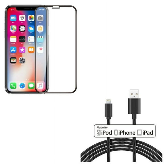 iPhone XS/X - 6ft MFi USB Cable w Tempered Glass Screen Protector - Certified Charger Cord Power Wire Braided Long, 5D Touch Curved Edge Full Cover Bubble Free Case Friendly 9H Hardness