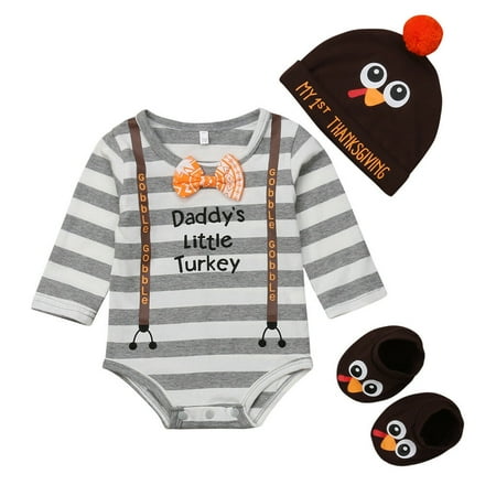 Pudcoco Turkey Clothes Set 3pcs Newborn Baby Boy Bodysuit Long Sleeve Boe Tops Hat 3Pcs Outfit Cotton Party Cute Clothes Set Baby