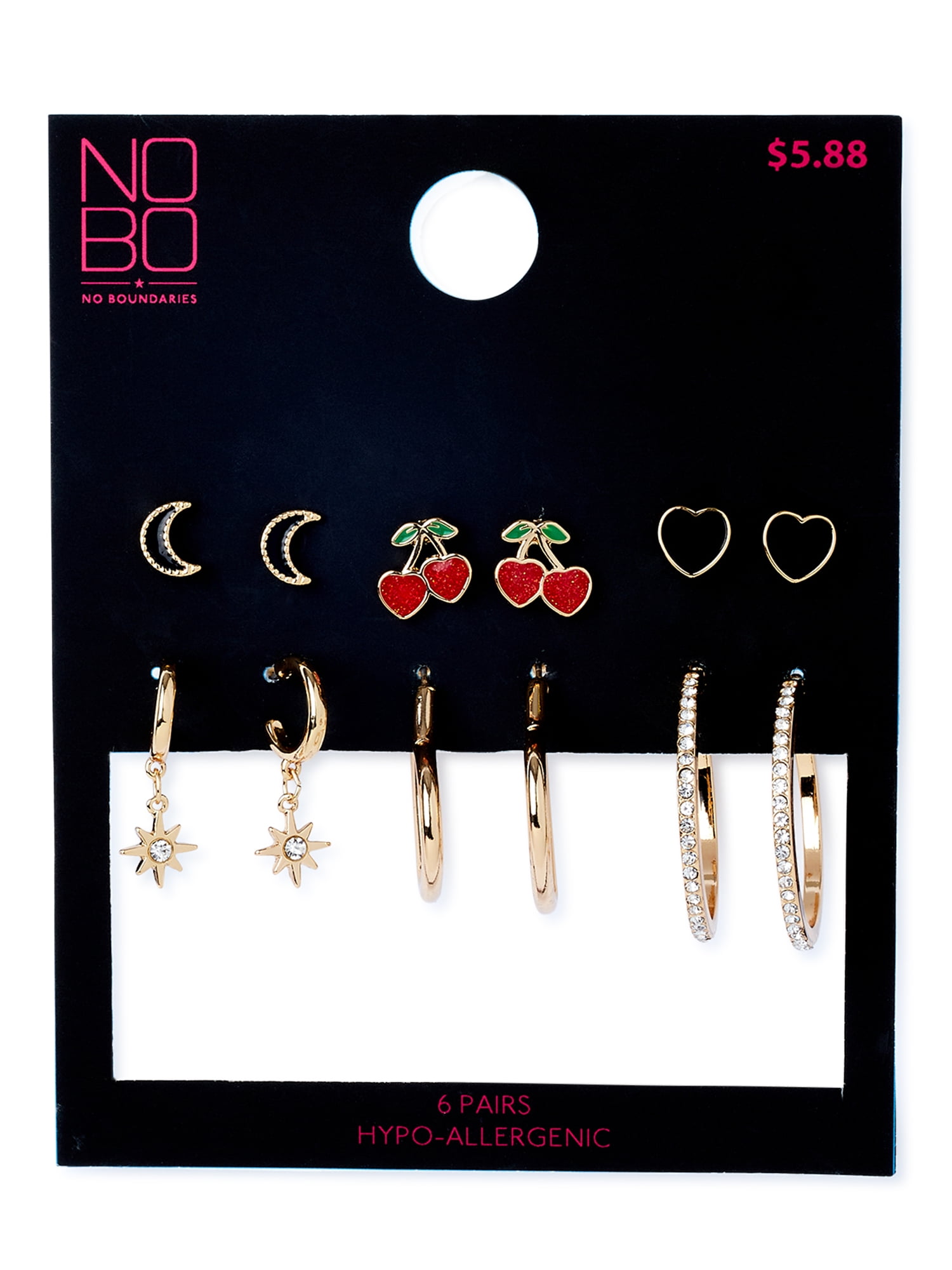 No Boundaries Cherry, Hearts and Moons Earrings Set, Six-Pair Pack