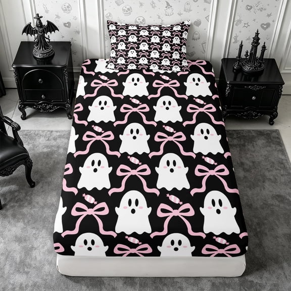 Erosebridal Ghost Candy Twin Fitted Sheet 2 Pieces,Cute Halloween Bedding,Black Pink,1 Fitted Sheet and 1 Pillowcase