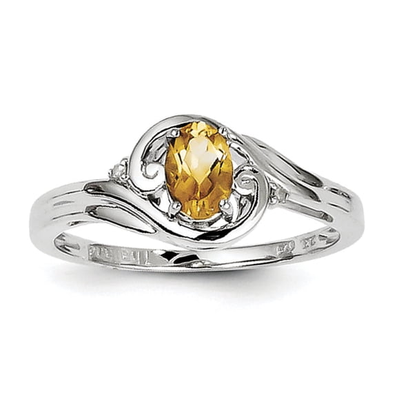 Sterling Silver Rhodium Plated Diamond & Citrine Ring
