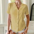 thumbnail image 2 of Top de verano con cuello en V y cuello ondulado con botones de una sola fila, camiseta de manga corta de jacquard con puntos lisos, amarillo S, 2 of 6