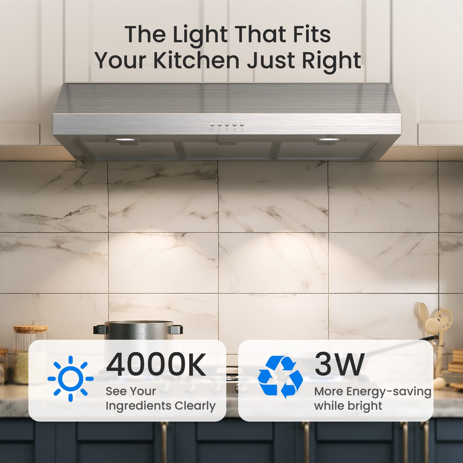 VIKIO 30 inch Under Cabinet Range Hood 600 CFM Ducted in Stainless Steel with Mesh Filters and Push Buttons