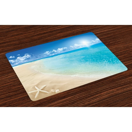 Summer Placemats Beach Placemats Set of 4 Sunny Summer Seashore with Clear Sky Seashells Starfish Clouds Aquatic Picture, Washable Fabric Place Mats for Dining Room Kitchen Table Decor,Aqua Cream Blue, by Ambesonne ()
