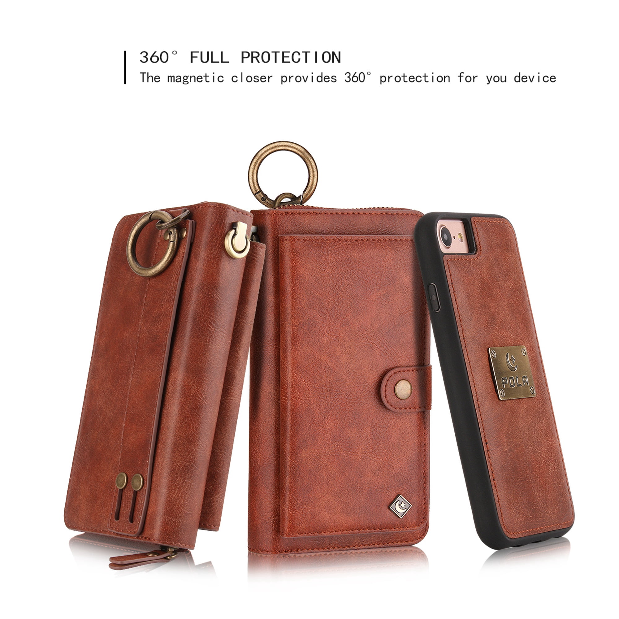 iPhone 8 Wallet Detachable Case, iPhone 7 Case, Dteck [wrist band & metal buckle & 14 Card Slots] Zipper Purse Phone Case Multi-function Folio Flip Weave PU Leather Removable Magnetic Back Cover,Brown