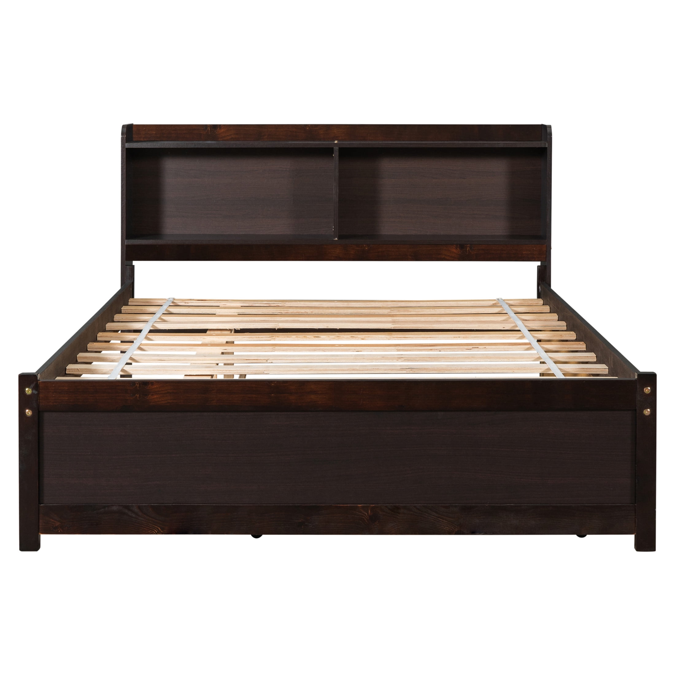 Noble House Katen Full Bed with Extra Trundle and Bookcase Storage, Pine Wood Platform Bed with Bookshelf, Espresso