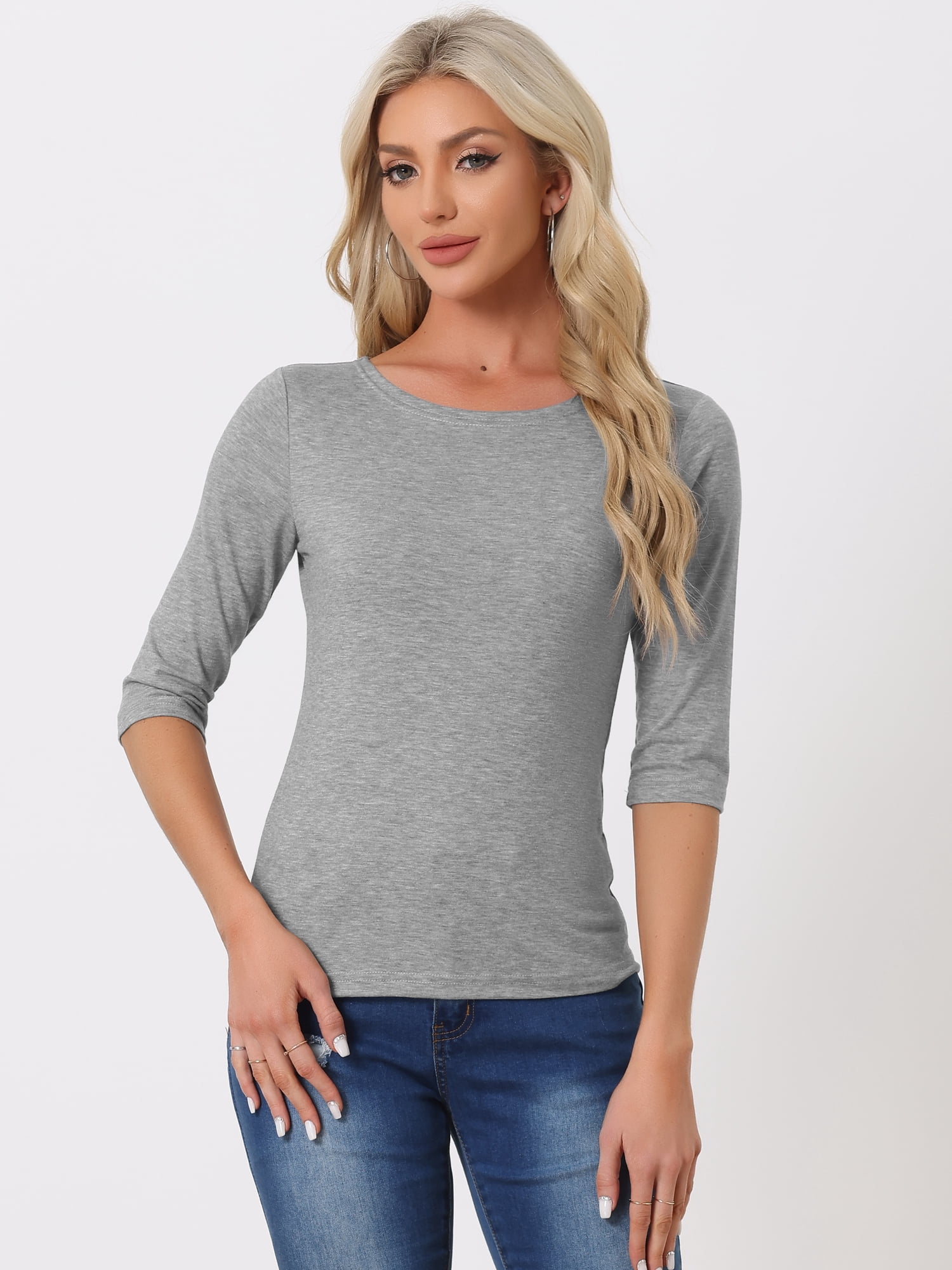 DARING DIVA Women's Elbow Sleeves Boat Neck Slim Fit Classic Tee S Light Gray