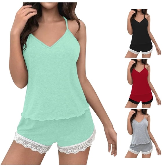 Shachafan Women's Lace V Neck Strap Pajama Set With Shorts 2 Piece Sleepwear Combo Flannel Pajamas Juniors