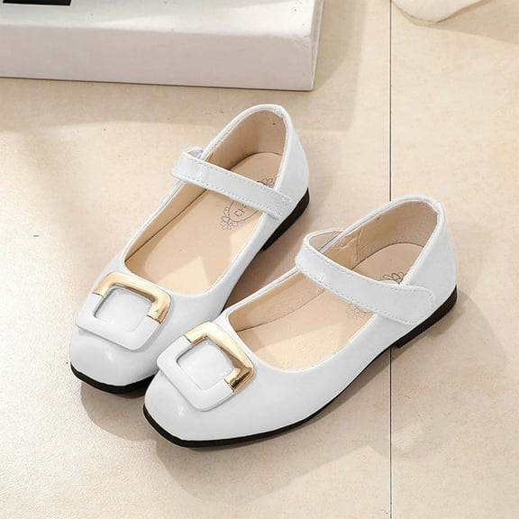 FSYBOA Girls Dress Shoes Size 5T, Closed Toe Solid Color Hook and Loop Strap Low Heel Kids Party Shoes White