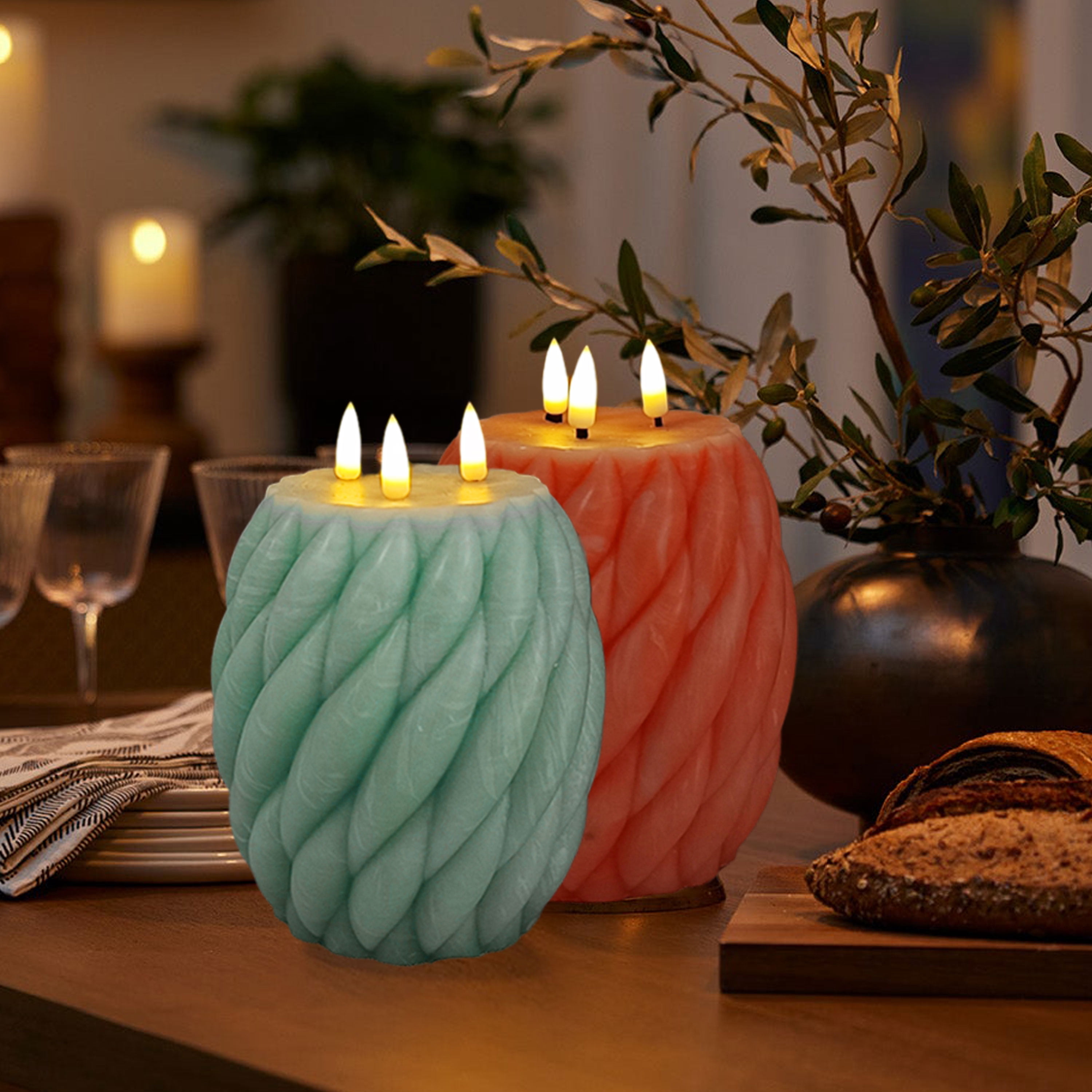 Green Knot Ball Flickering Flameless Candles, Real Wax LED Candles with Remote and Timer, 4.8 Inch Battery Operated Spiral Pillar Candles for Room Decor Home Wedding Decoration