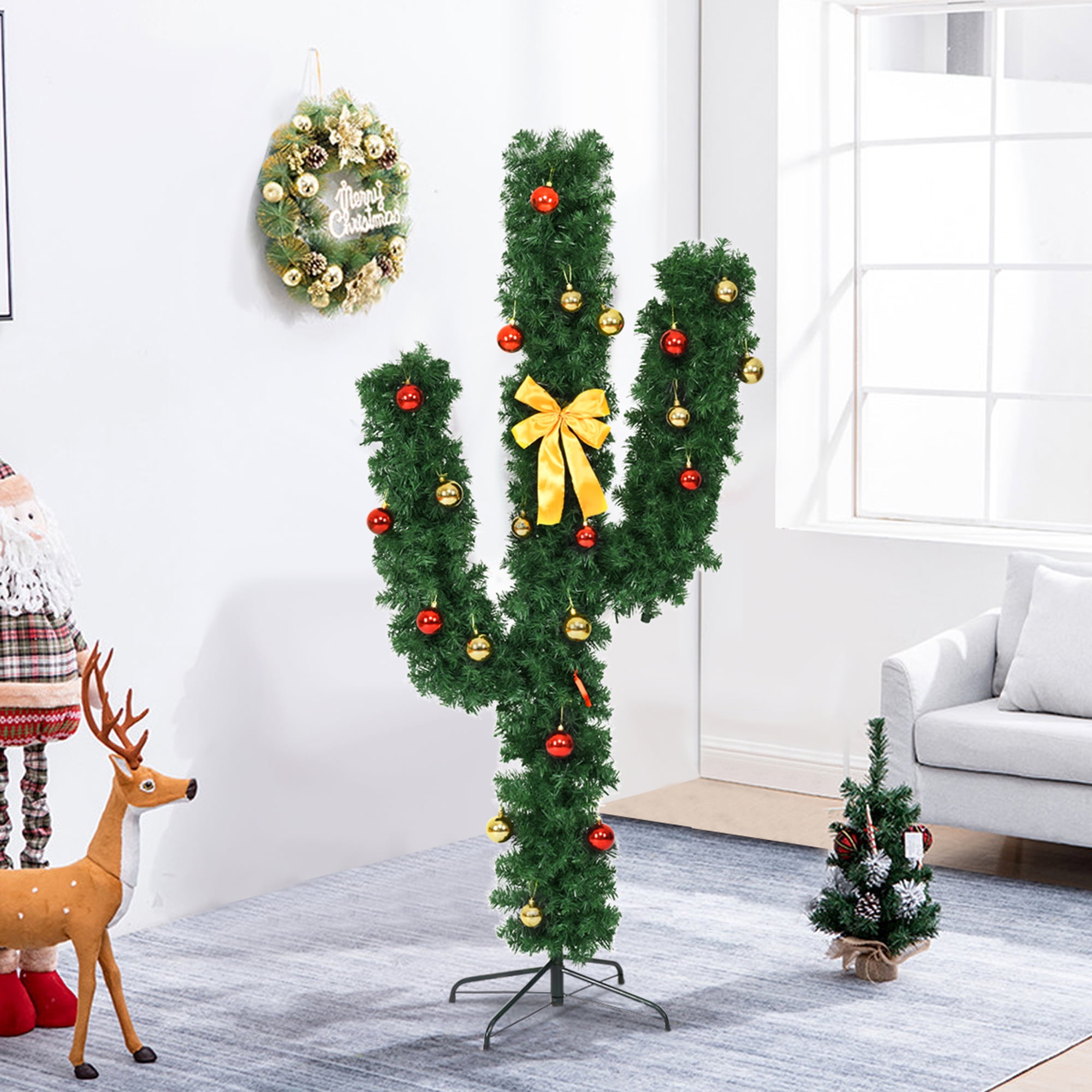 Gymax 5ft Artificial PreLit Cactus Christmas Tree w/ Metal Stand Ball
