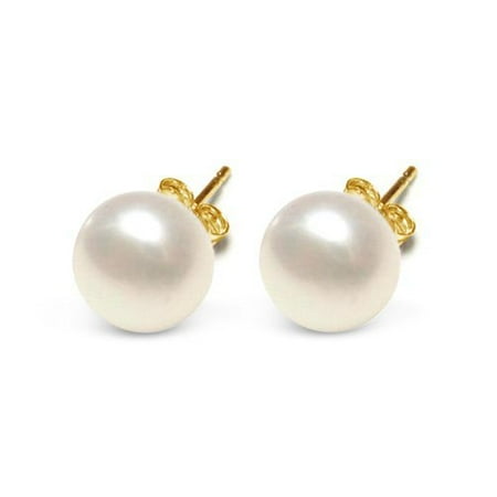 10mm AAA Freshwater Cultured White Pearl Button Stud Earrings 10K Yellow