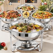 Chafing Dish Buffet Set, 5 Qt 4-Pack Stainless Steel Buffet, Round Catering Warmer Server with Glass Lid, Folding Stand & Fuel Holder for Wedding Party Banquet