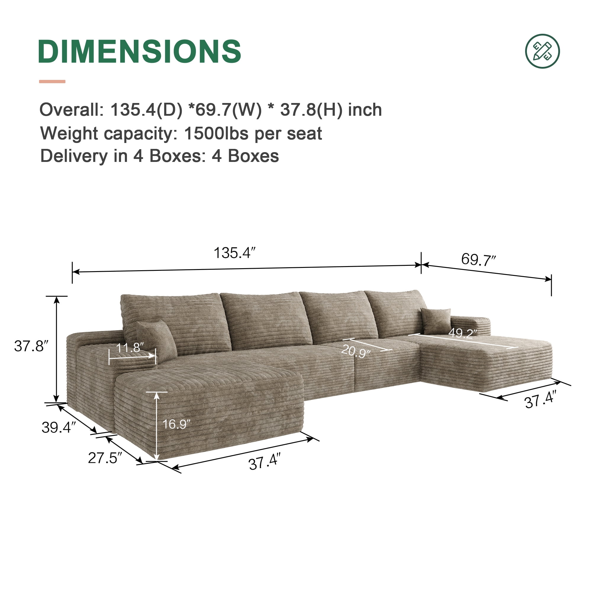 MAYEERTY 135" Cloud Sectional Sofa Couch Boneless Compressed Memory Comprimido Foam No Assembly Required