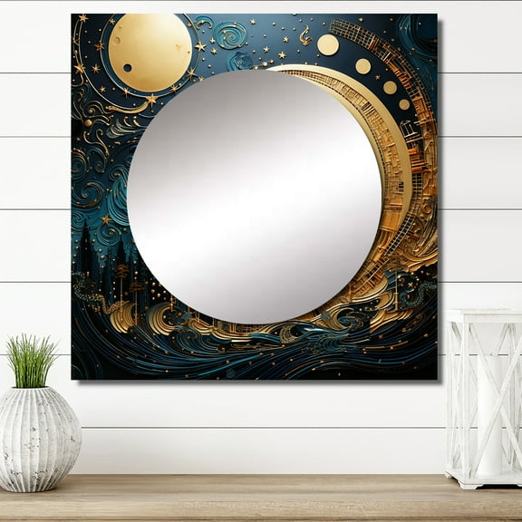 Designart "Cerulean Cycle Dreams: Moon In Blue And Gold I" moon Square Mirror Wall Decor Astronomy - Large Blue Square Bathroom Mirror - Square Printed Wall Mirror Art