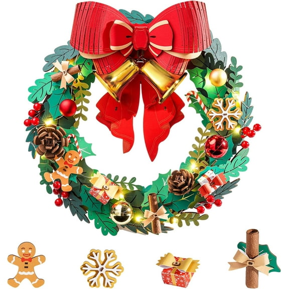 ROBOTIME Christmas Wreath with Red Bow, Pine Cones, Berries & Bells,16in LED Eucalyptus Wreath 3D Wooden Puzzles for Adults,252pcs DIY Creative Gifts for Holiday Window Fireplace Door Decor