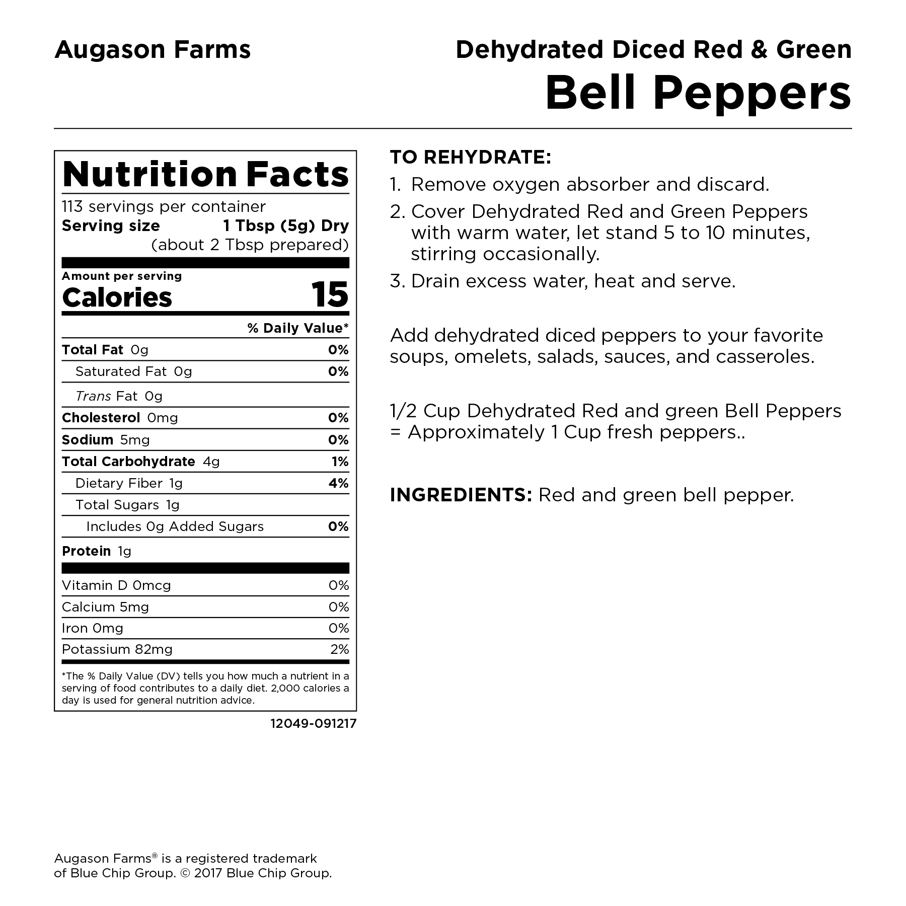 Augason Farms Dehydrated Diced Red & Green Bell Peppers 1 lb 4 oz No. 10 Can - image 3 of 7