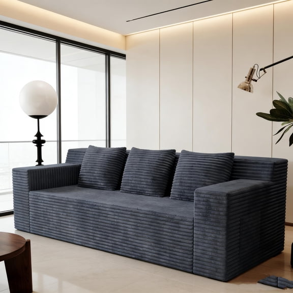 71" Corduroy Loveseat, Boneless Deep Seat Couch with 3 Pillows & Side Pockets, No-Assembly 2-Seat Sofa for Apartment, Bedroom or Office, Dark Grey
