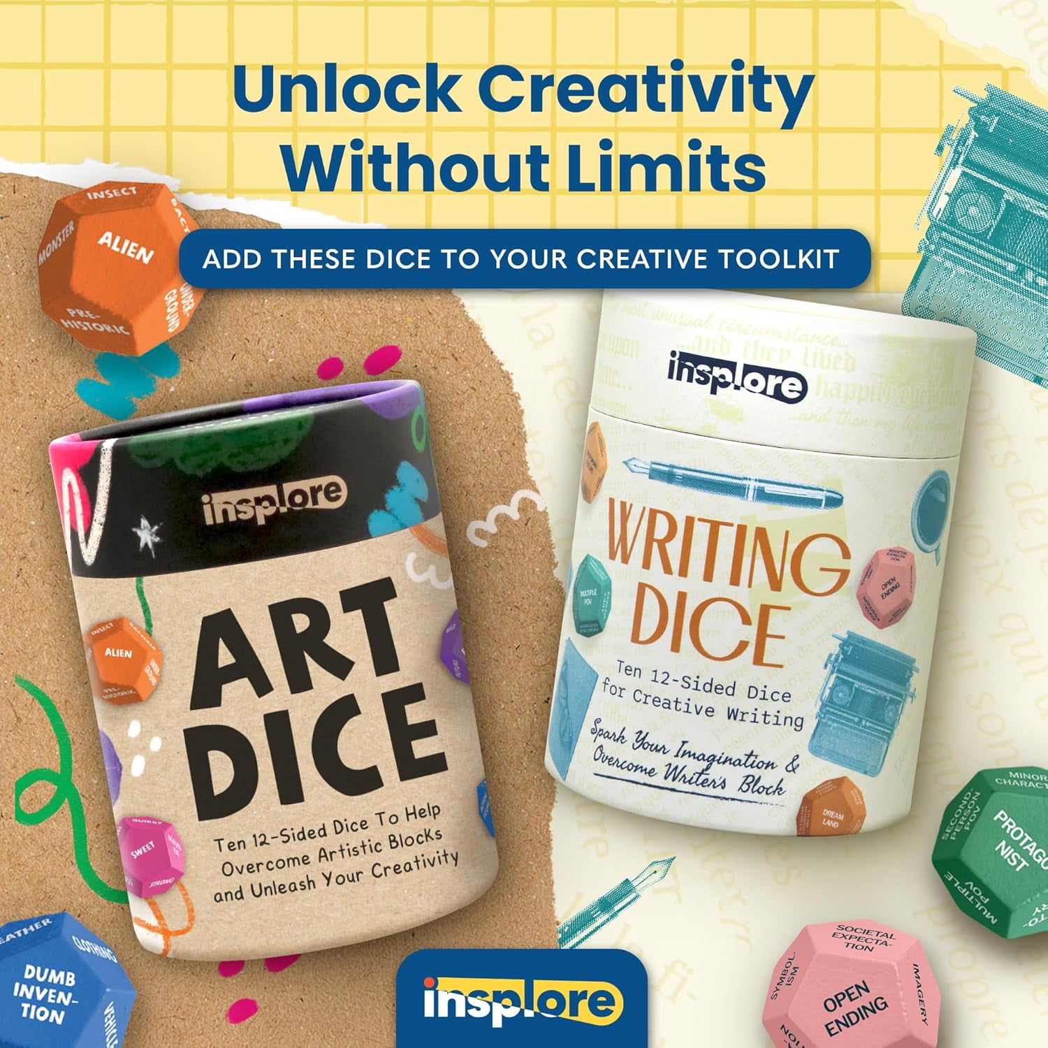 Insplore 12-Sided Writing Dice – Giftable Creative Writing Tool for Beating Writer's Block - 120 Inspiration Prompts Plus Fun Games and Challenges - Great Gift for Teen and Adult Authors
