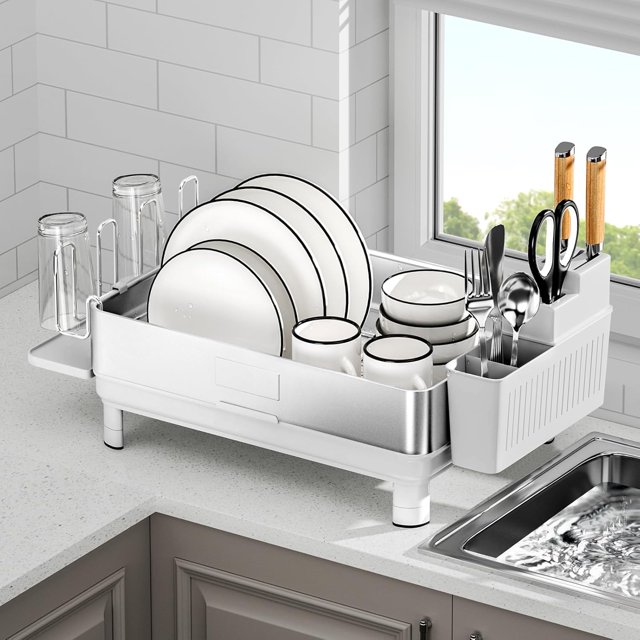 Dish Drying Rack Stainless Steel Dish Racks for Kitchen Counter Dish Drainers with Automatic Drainage Utensil Holder & Cups Holder Space Saving Kitchen Organizer