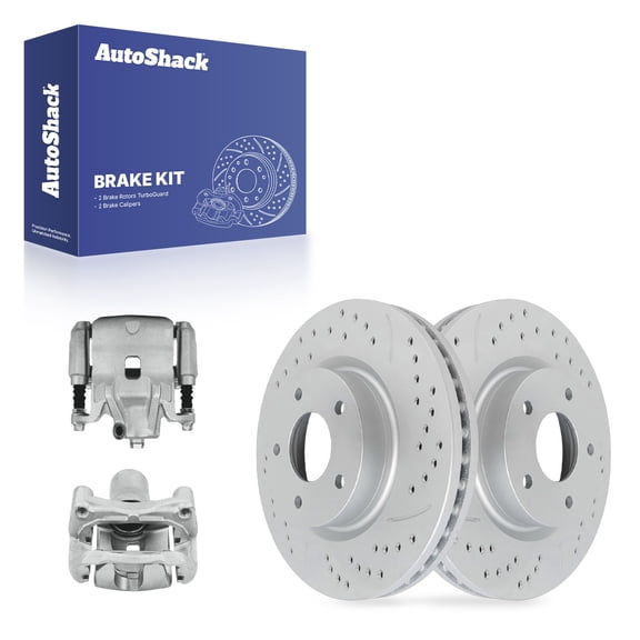 AutoShack Front Vented Drilled & Slotted Coated Brake Rotors Silver Matte Finish   Calipers 4-PC Brake Kit Replacement for 2007-2010 Nissan Altima TurboGuard 11.65" (295.8 mm)