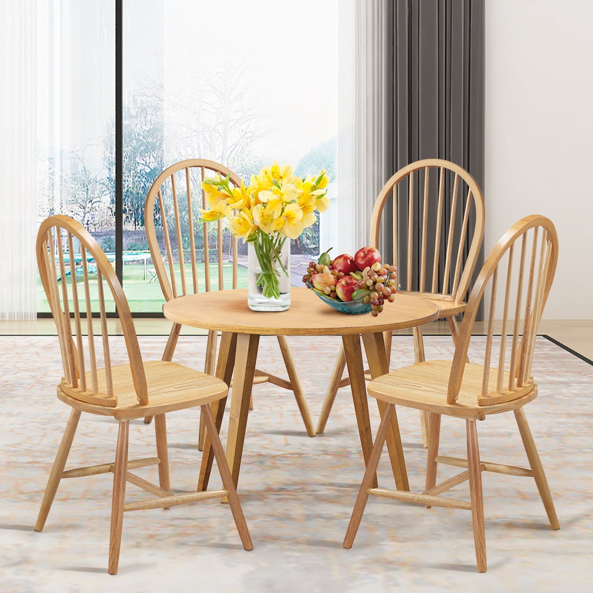 Topbuy Set of 2 Windsor Chairs Wood Armless Dining Room Spindle Back Kitchen Natural