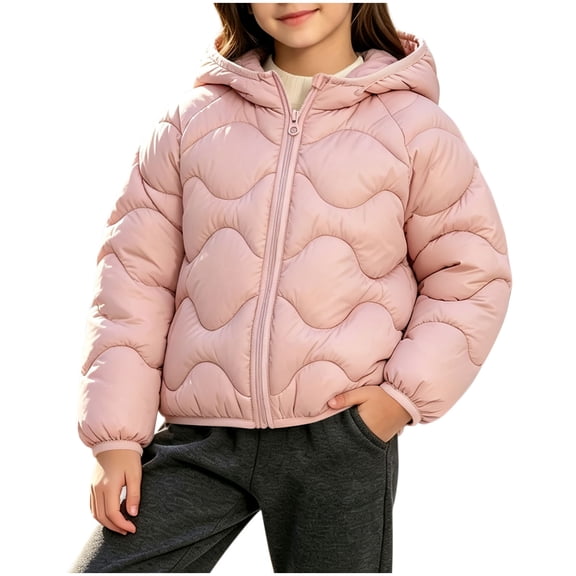 Owordtank Girls Hooded Wave Quilted Jacket Full Zip Elastic Cuff Lightweight Warm Casual Outerwear
