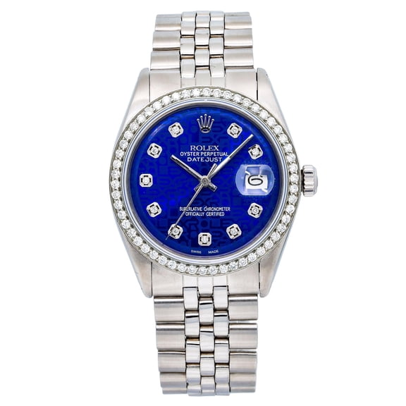 Pre-Owned Rolex Datejust 36MM 1601 Blue Diamond Dial Diamond Bezel Stainless Steel Jubilee Bracelet