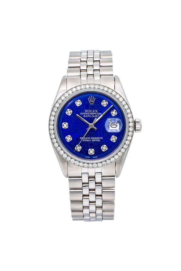 Pre-Owned Rolex Datejust 36MM 1601 Blue Diamond Dial Diamond Bezel Stainless Steel Jubilee Bracelet