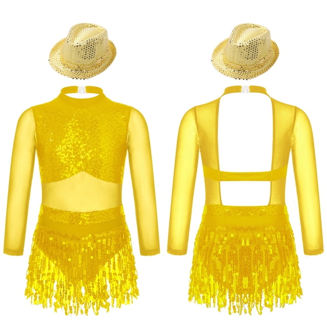 Yhong Grande Fille Ourlet à Franges Samba Rumba Jazz Robe de Danse Lyrique Tango Latin Compétition Vêtements de Danse Or 12