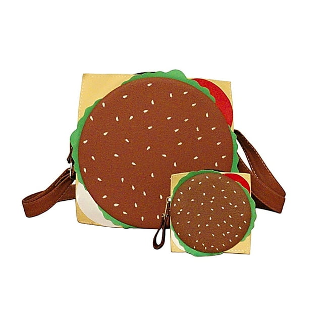 SET de 2 Piezas: BOLSA y MONEDERO en forma de HAMBURGUESA, Bandolera, Cross-Body, Diseño Divertido de Comida, Correa Ajustable, Color Café, Moda Kawaii, novedoso y encantador.