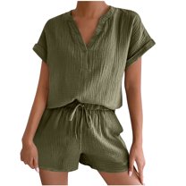 LYXSSBYX Two Piece Sets for Women Summer Women's Fashion Casual Home Two-piece V-neck Top with Pocket Shorts Short Sleeve V-neck Top/shirt Set