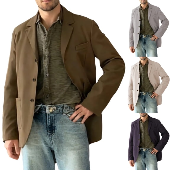 Mens Casual Blazer Single Breasted Notch Lapel Sport Coat Lightweight Twill Wrinkle Free Warm Jacket with Pockets for Business Office, Brown, L