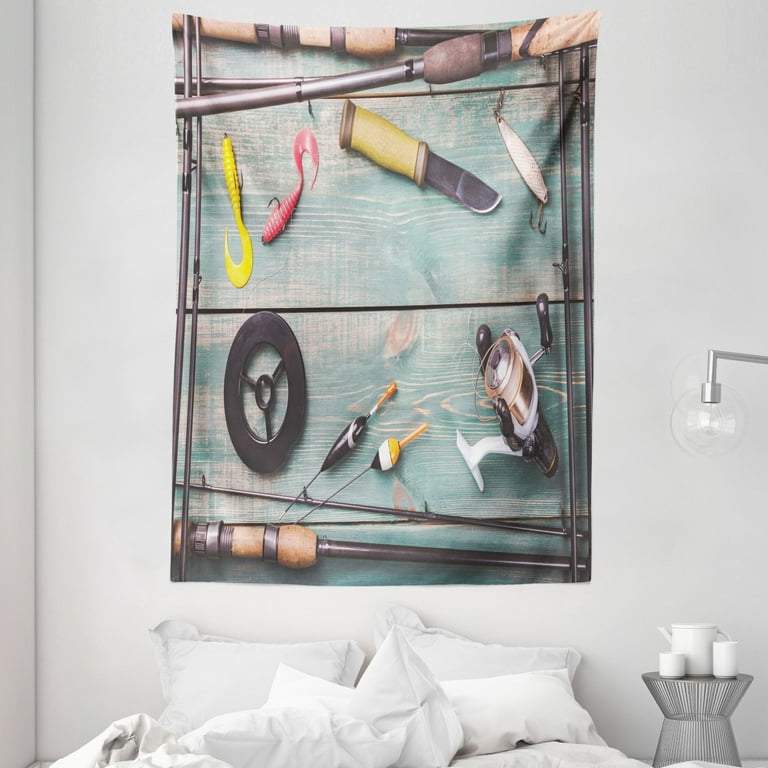 Fishing Theme Tapestry, Photo of Rods Artificial Fish Baits and Buoys with  on Wooden Table Image, Wall Hanging for Bedroom Living Room Dorm Decor, 60W  X 80L Inches, Multicolor, by Ambesonne 