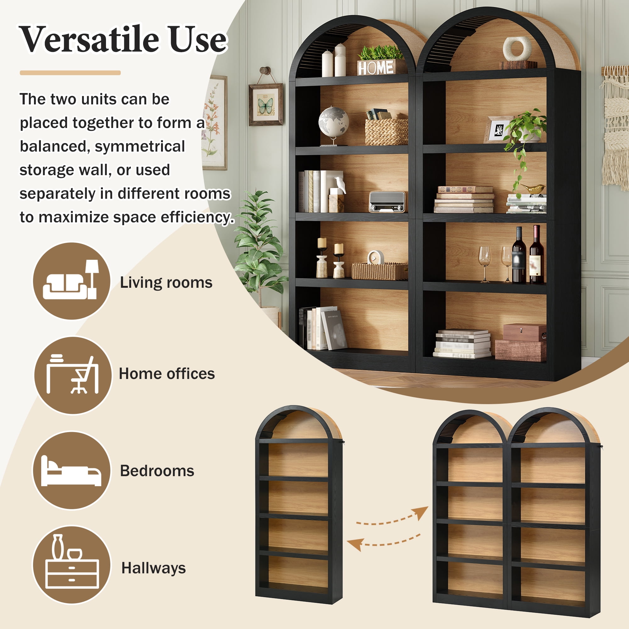 Miniyam Set of 2 Farmhouse Freestanding Bookshelves, Two-Tone Open Storage Cabinet with Fabric Arched Top, 5-Tier Display Bookcase for Home Office, Black