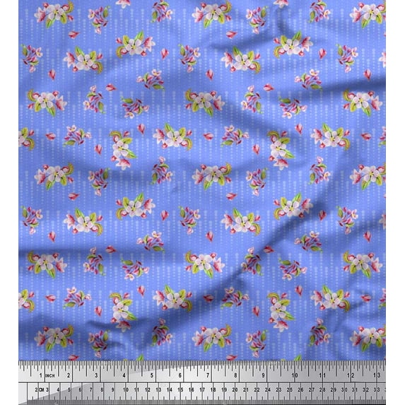 Soimoi Viscose Chiffon Fabric Dot,Leaves & Periwinkle Floral Printed Craft Fabric by the Yard 42 Inch Wide