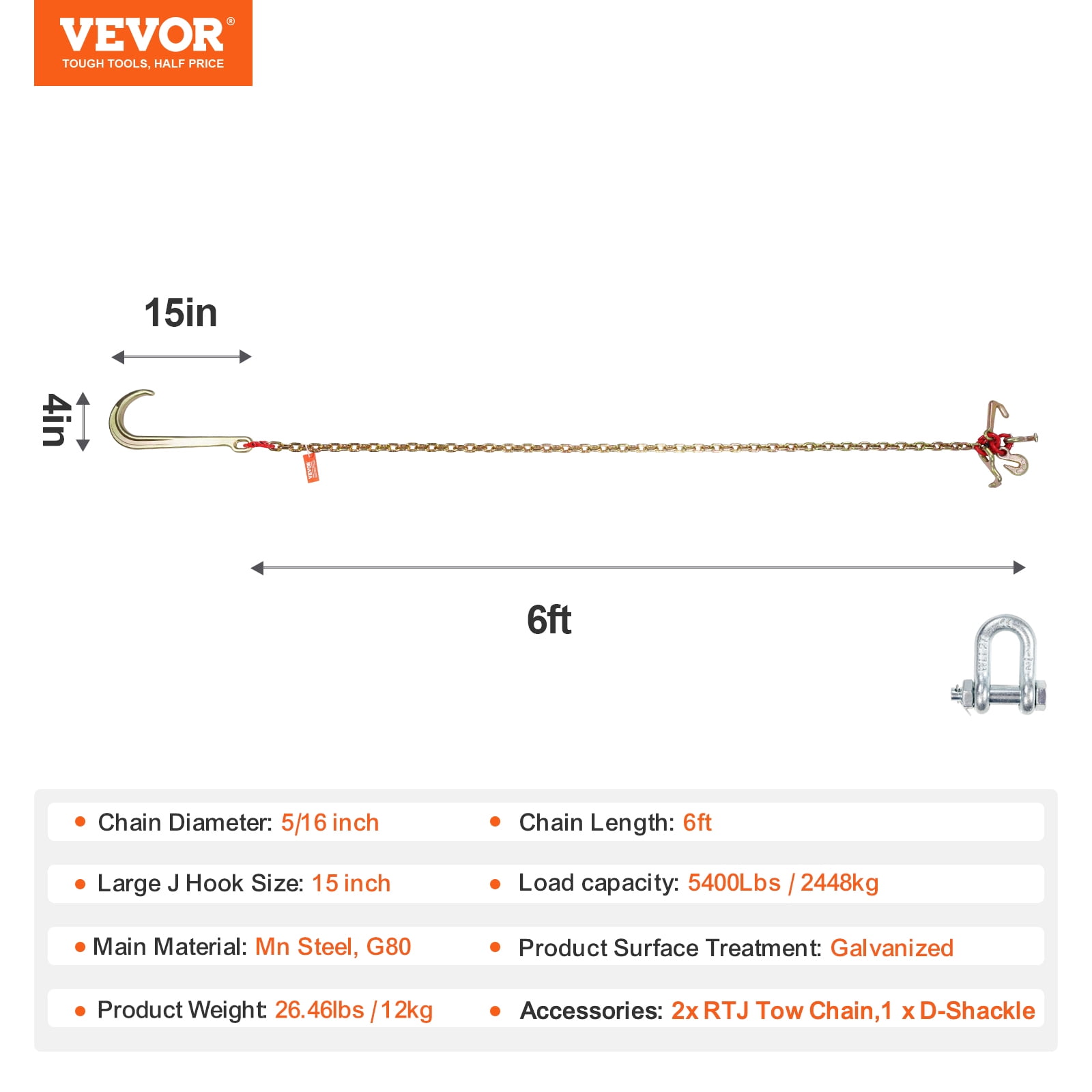 VEVOR J Hook Chain, 2PCS 5/16" x 6' G80 15" Long Shank J Hook Tow Chain with RTJ Cluster Hook & Grab Hook, 5400 lbs Working Load, Heavy Duty Transport Truck Chain for Wrecker Recovery Trailer Towing